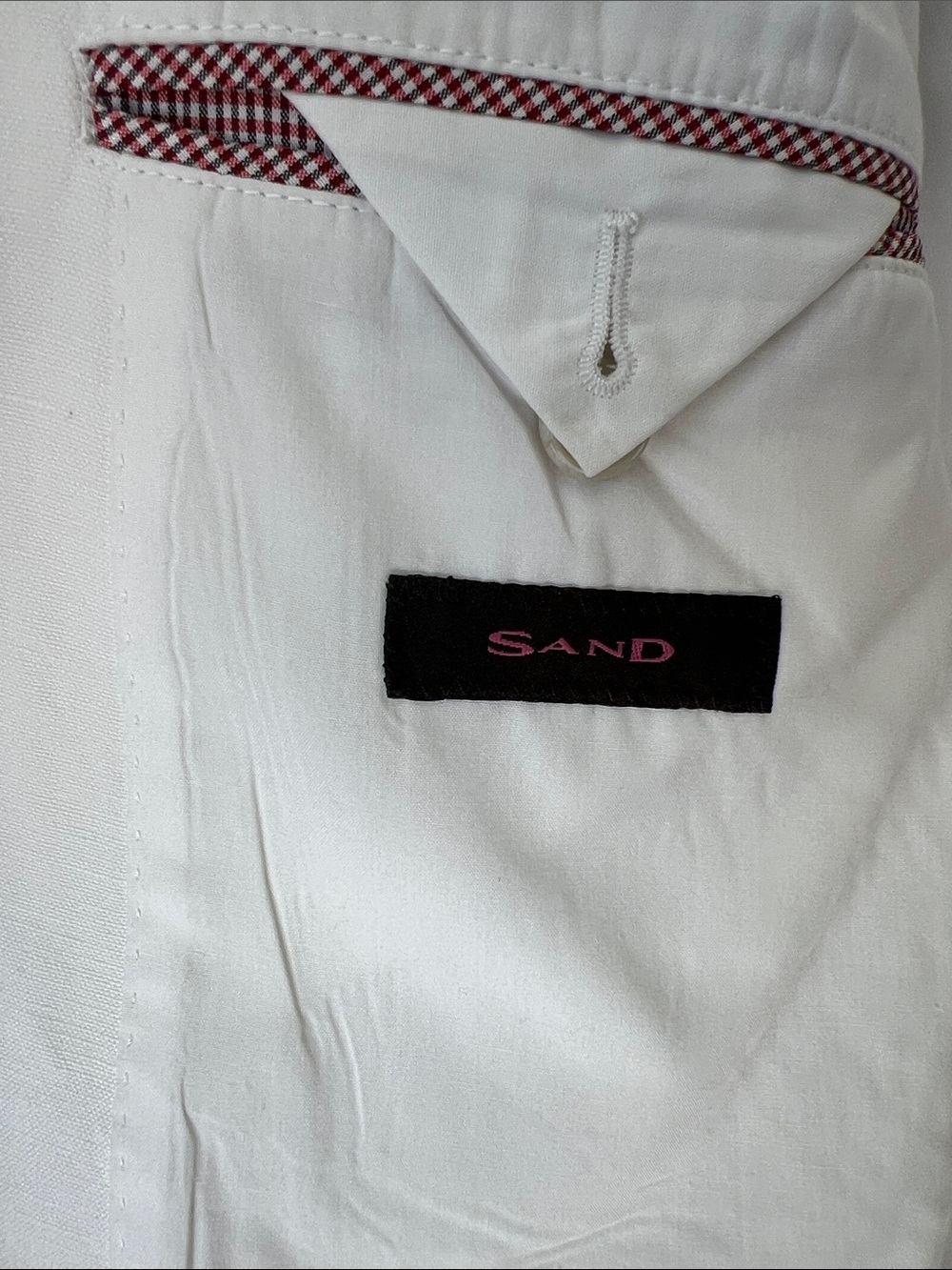 SAND, White Cotton & Linen Blazer with Navy Polka Dot Trim - Picture 5 of 14